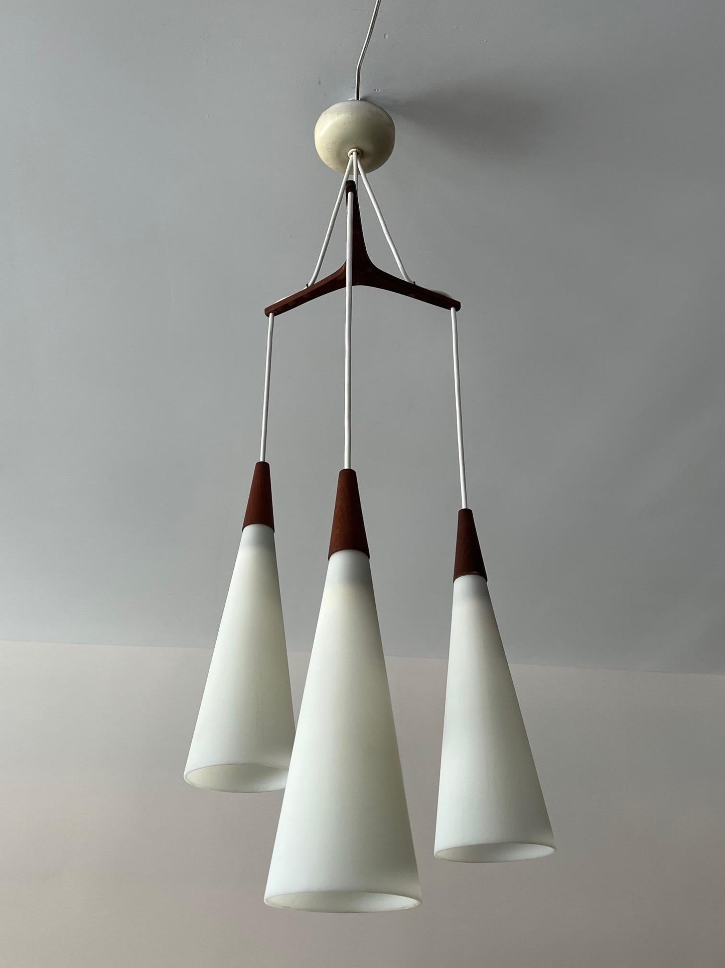 Frisman Vintage Danish Modern Chandelier Teak And Opaline Glass