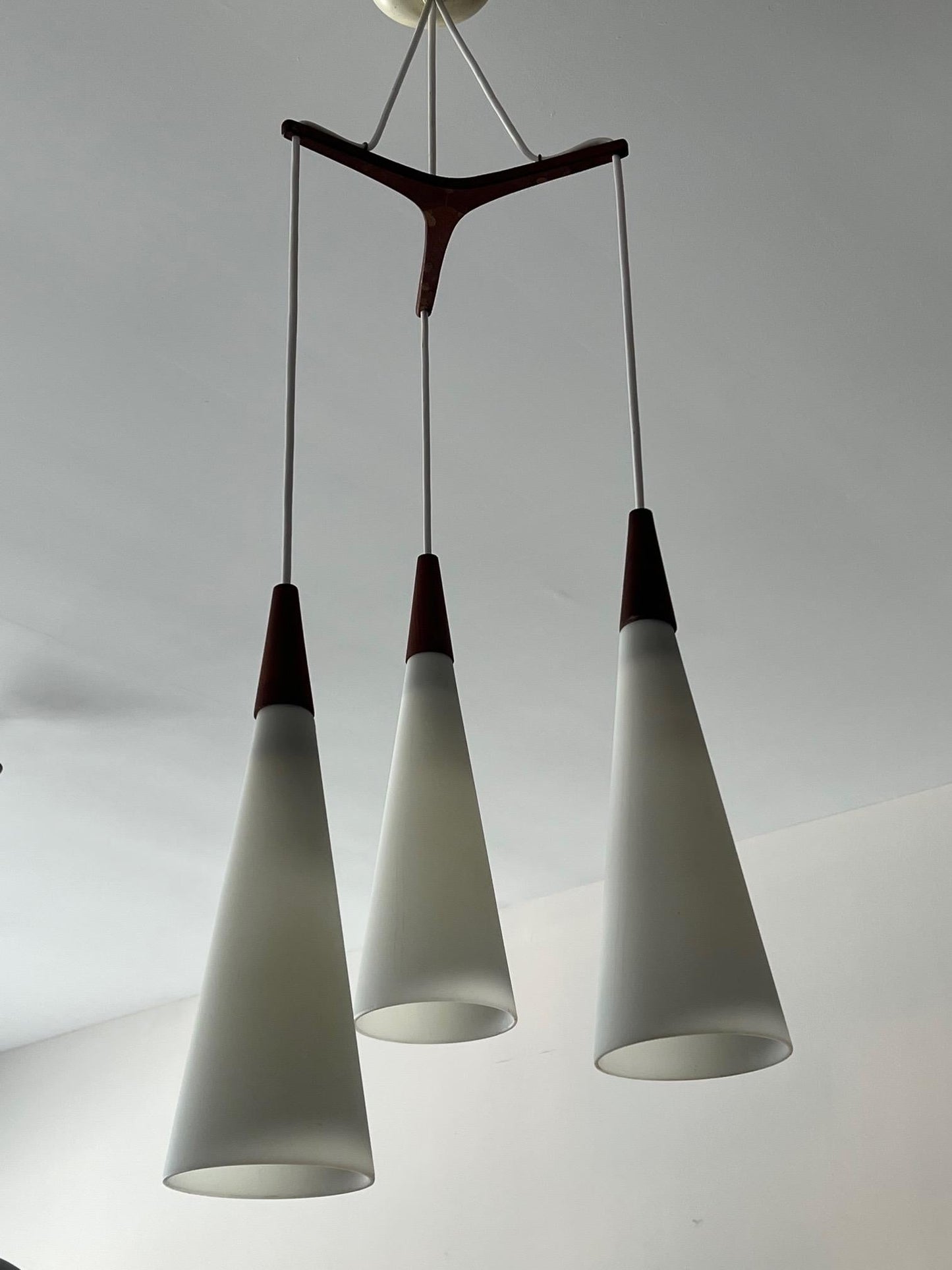 Frisman Vintage Danish Modern Chandelier Teak And Opaline Glass