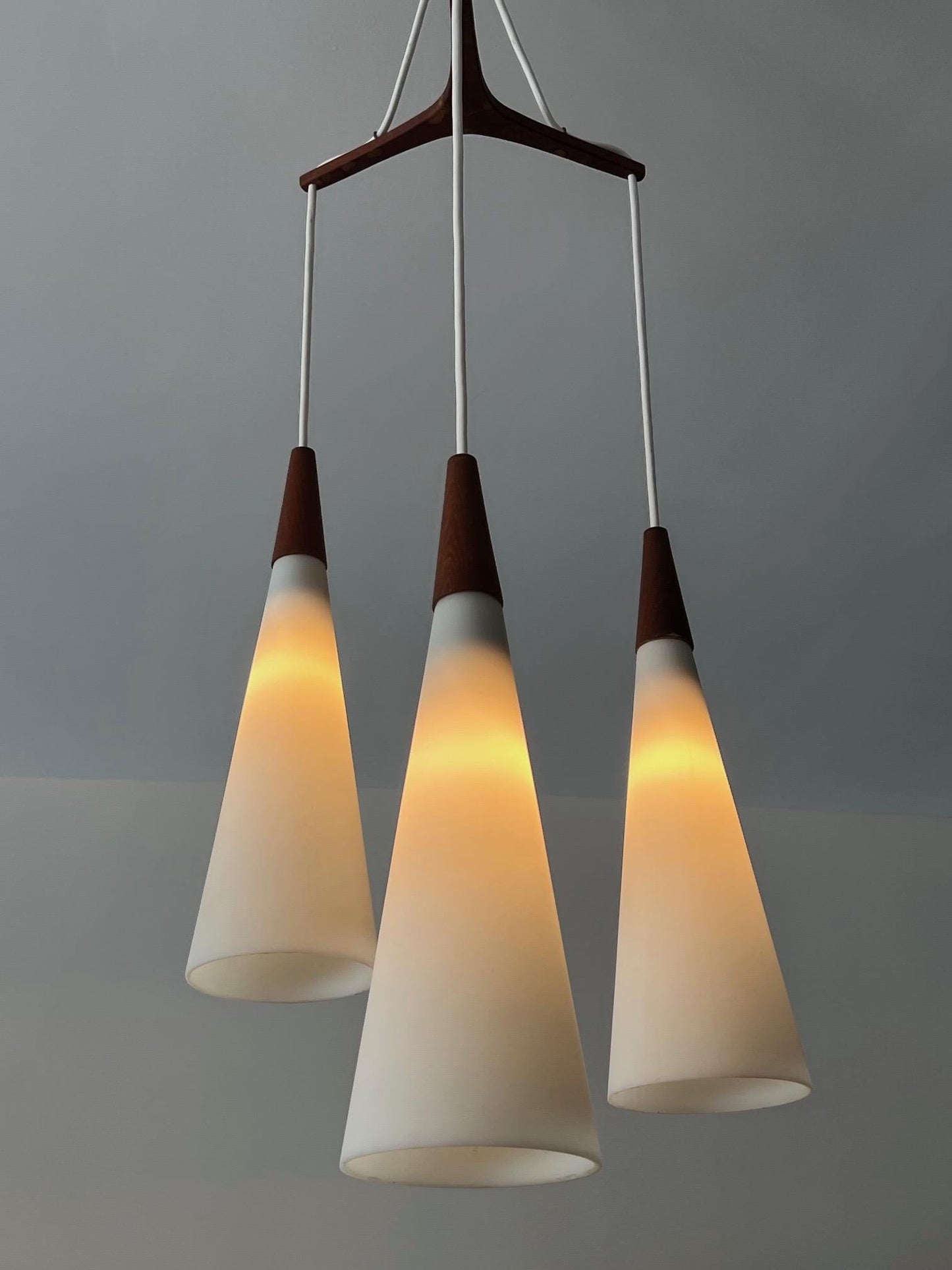 Frisman Vintage Danish Modern Chandelier Teak And Opaline Glass