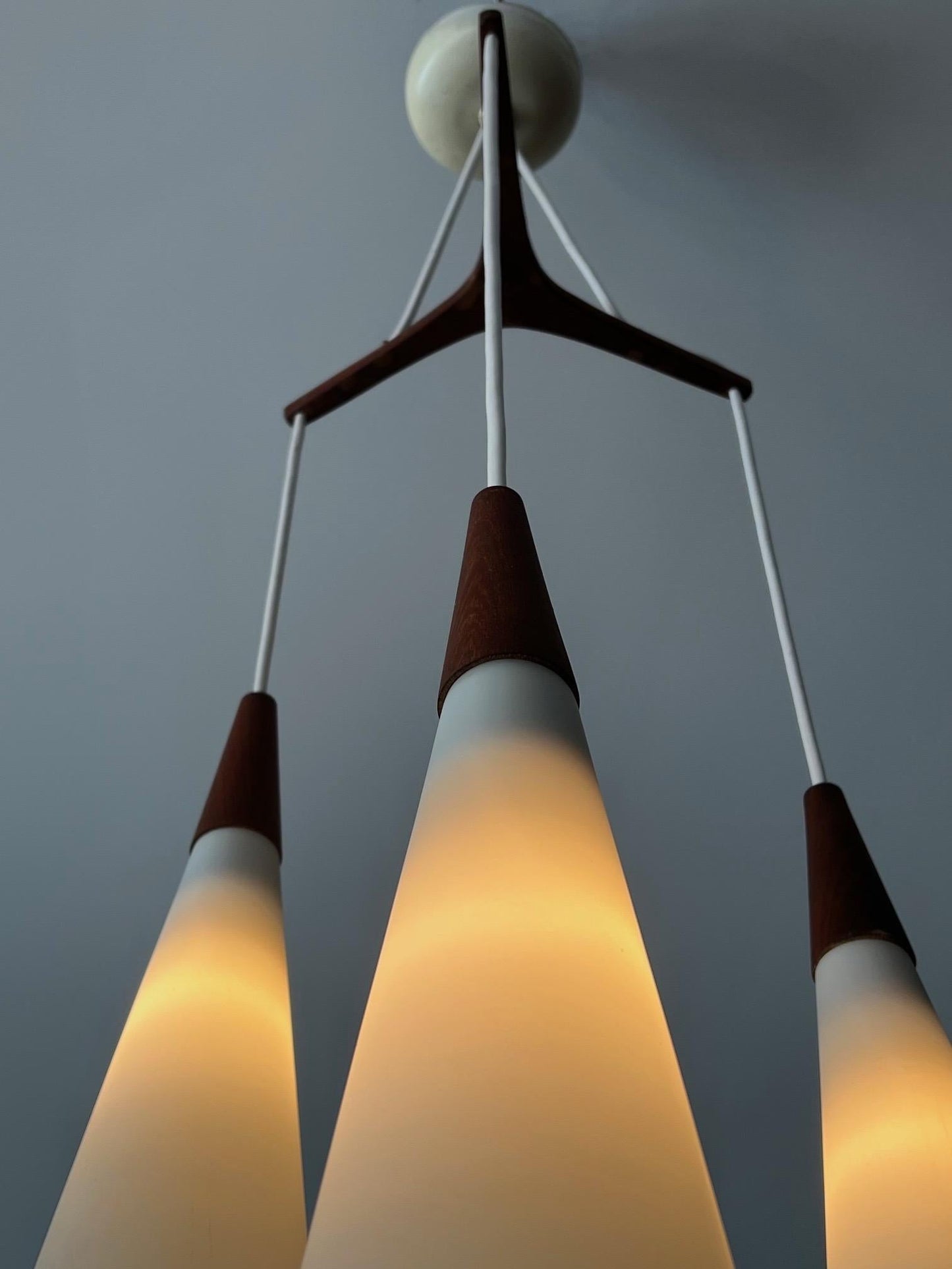 Frisman Vintage Danish Modern Chandelier Teak And Opaline Glass