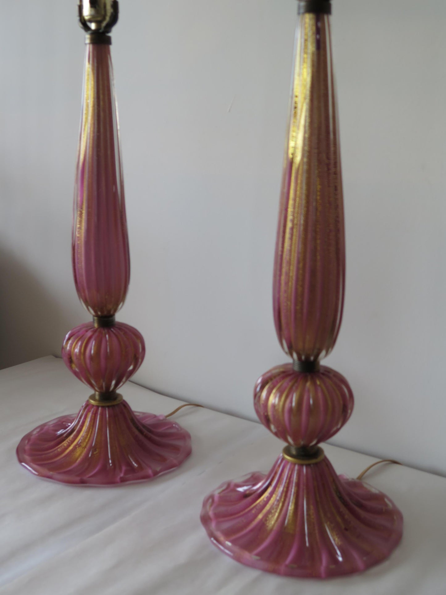 Frisman Vintage Pair of Pink Glass Murano Lamps with Gold Flecks