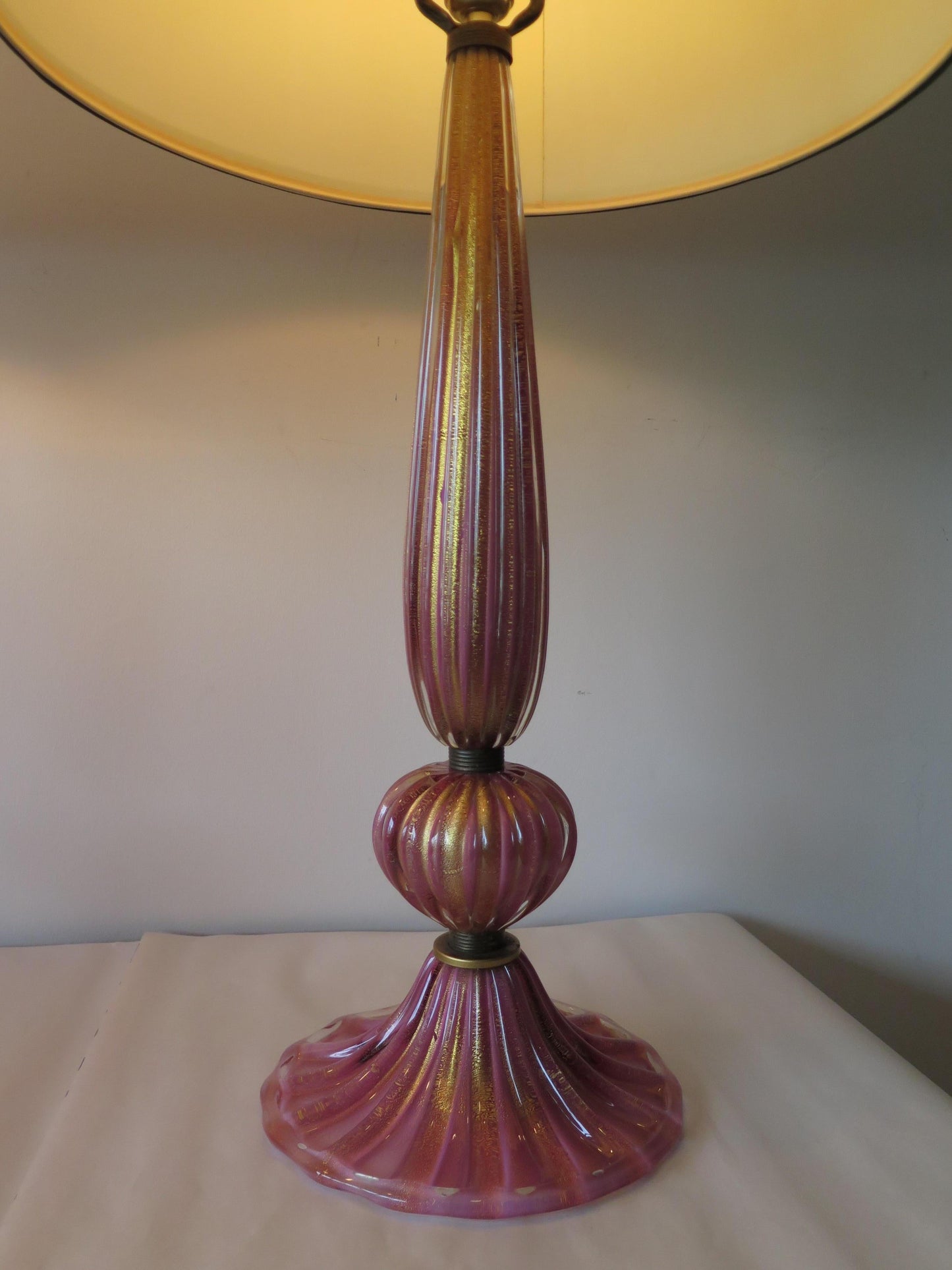 Frisman Vintage Pair of Pink Glass Murano Lamps with Gold Flecks