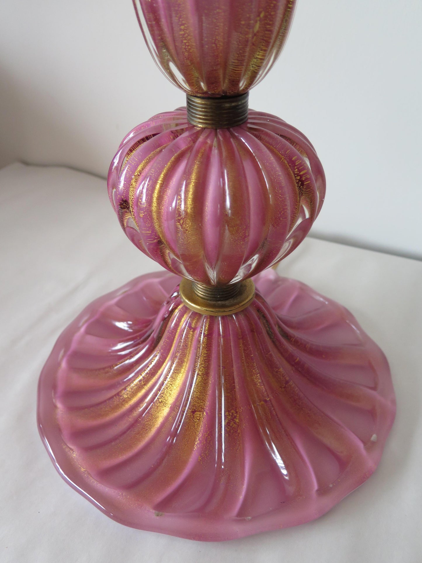 Frisman Vintage Pair of Pink Glass Murano Lamps with Gold Flecks