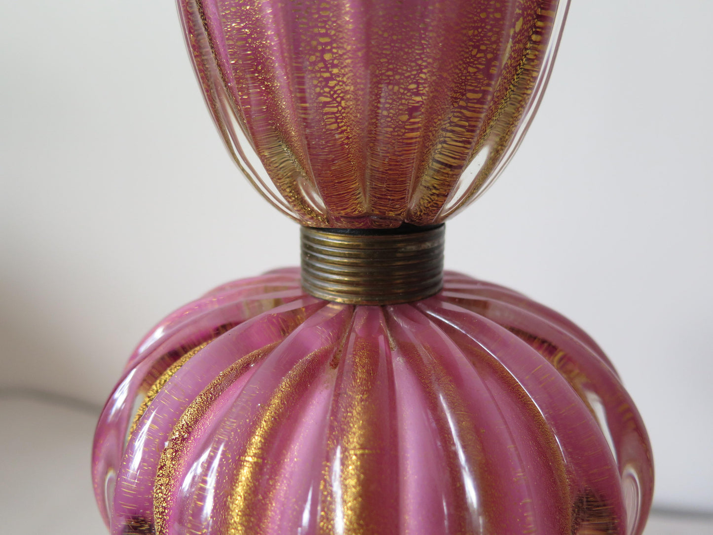Frisman Vintage Pair of Pink Glass Murano Lamps with Gold Flecks
