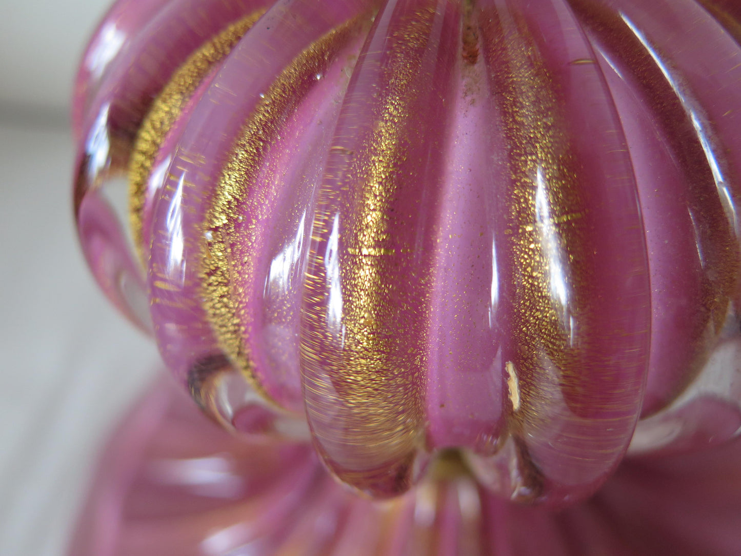 Frisman Vintage Pair of Pink Glass Murano Lamps with Gold Flecks