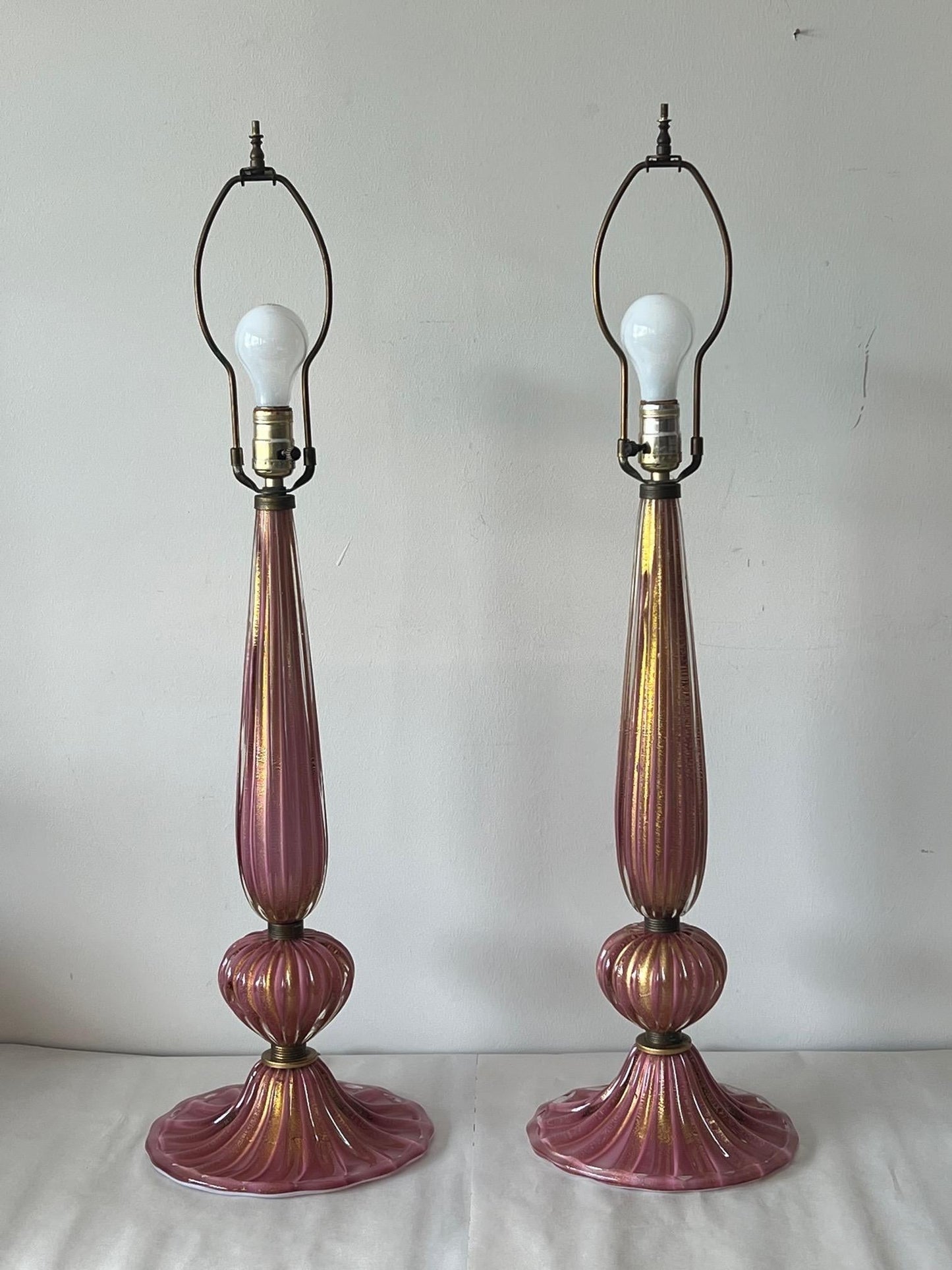 Frisman Vintage Pair of Pink Glass Murano Lamps with Gold Flecks