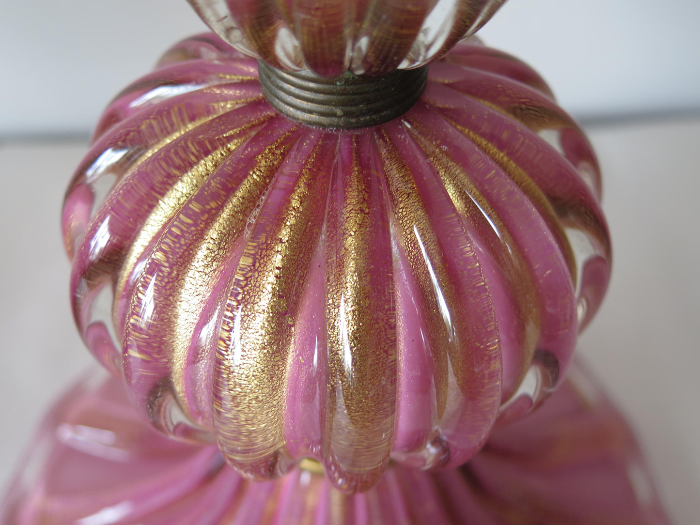 Frisman Vintage Pair of Pink Glass Murano Lamps with Gold Flecks