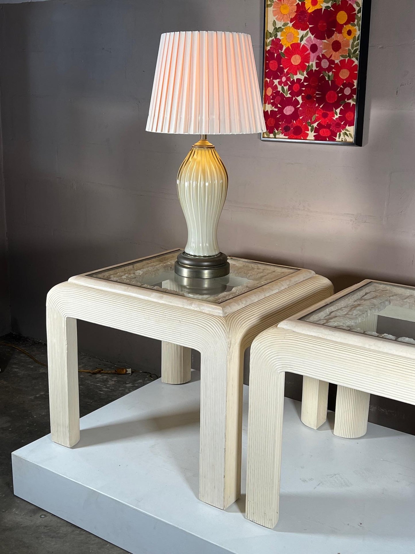 Frisman Vintage Pair of Post Modern Reed Tables Unusual Stone and Brass Tops