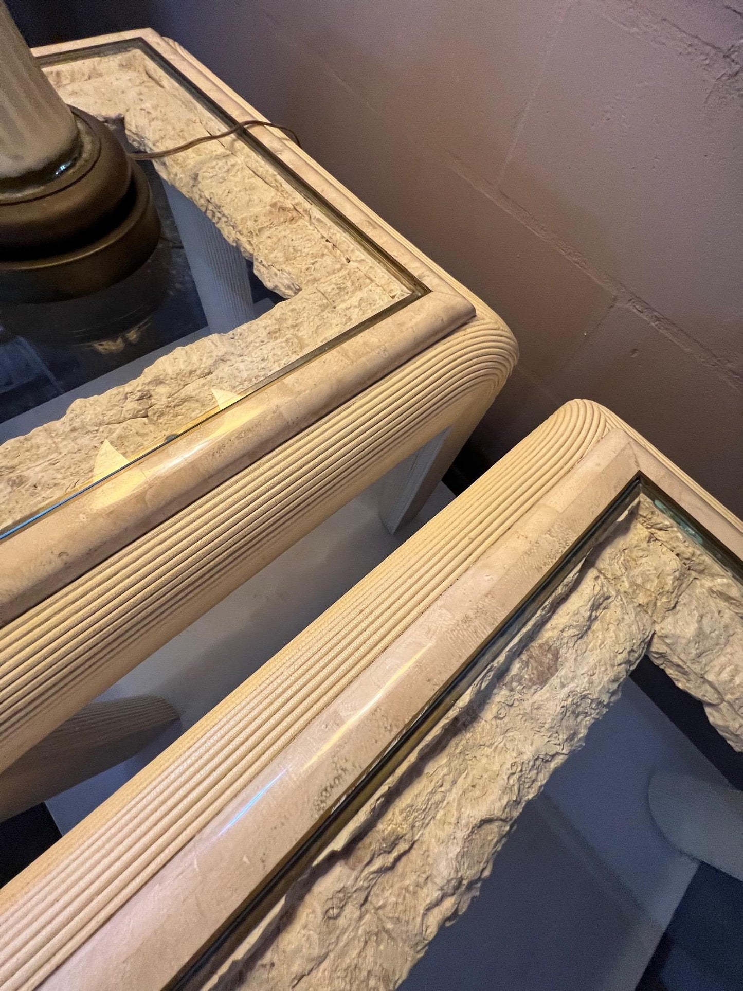 Frisman Vintage Pair of Post Modern Reed Tables Unusual Stone and Brass Tops