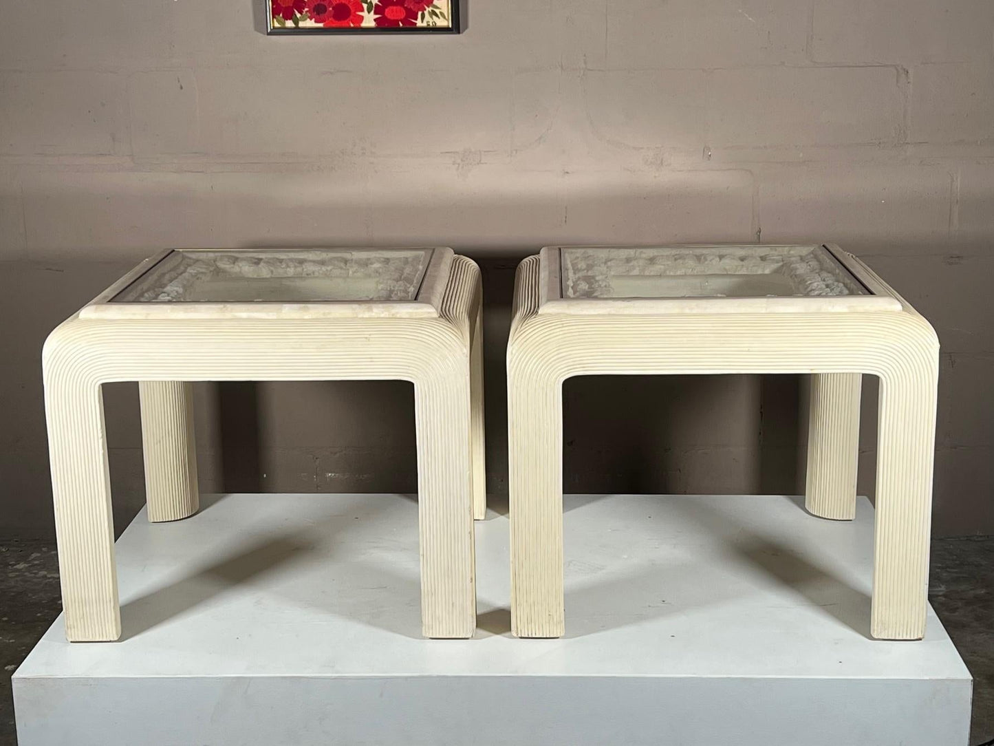 Frisman Vintage Pair of Post Modern Reed Tables Unusual Stone and Brass Tops