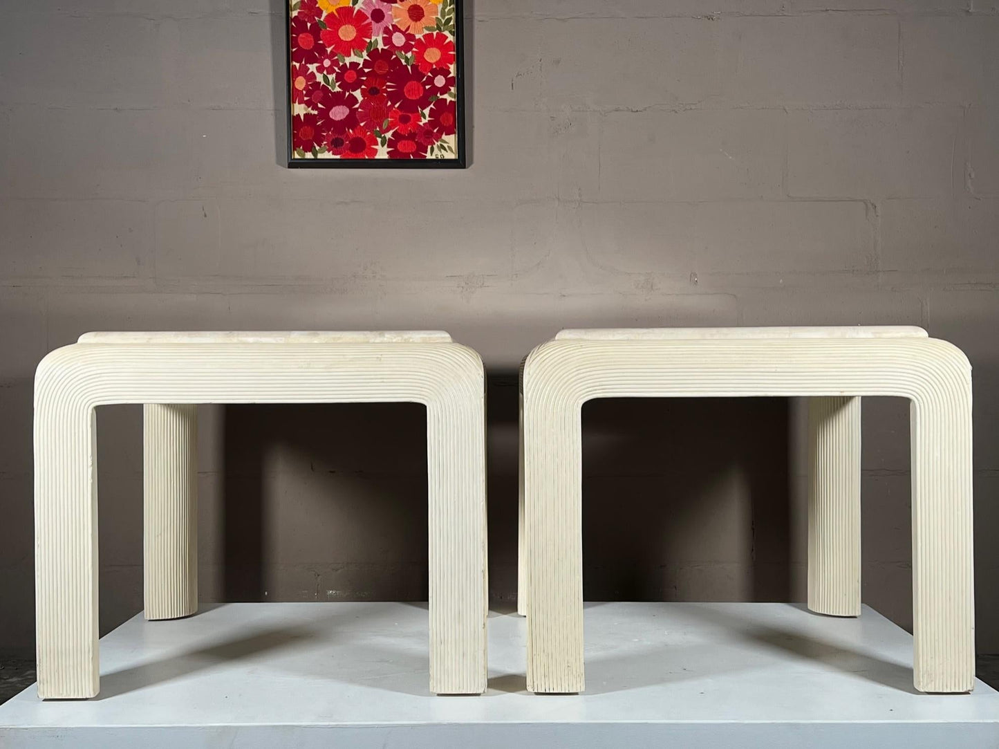 Frisman Vintage Pair of Post Modern Reed Tables Unusual Stone and Brass Tops