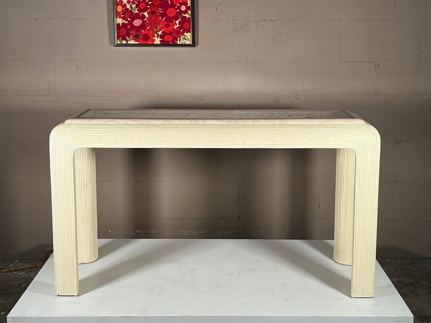 Frisman Vintage Unusual Post Modern Reed Console Table Glass and Stone Top