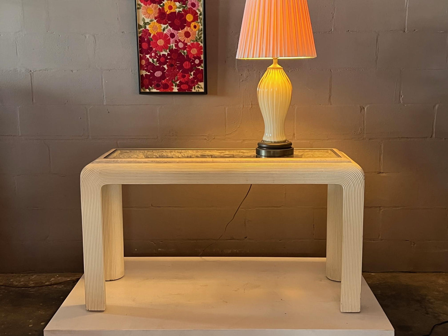 Frisman Vintage Unusual Post Modern Reed Console Table Glass and Stone Top