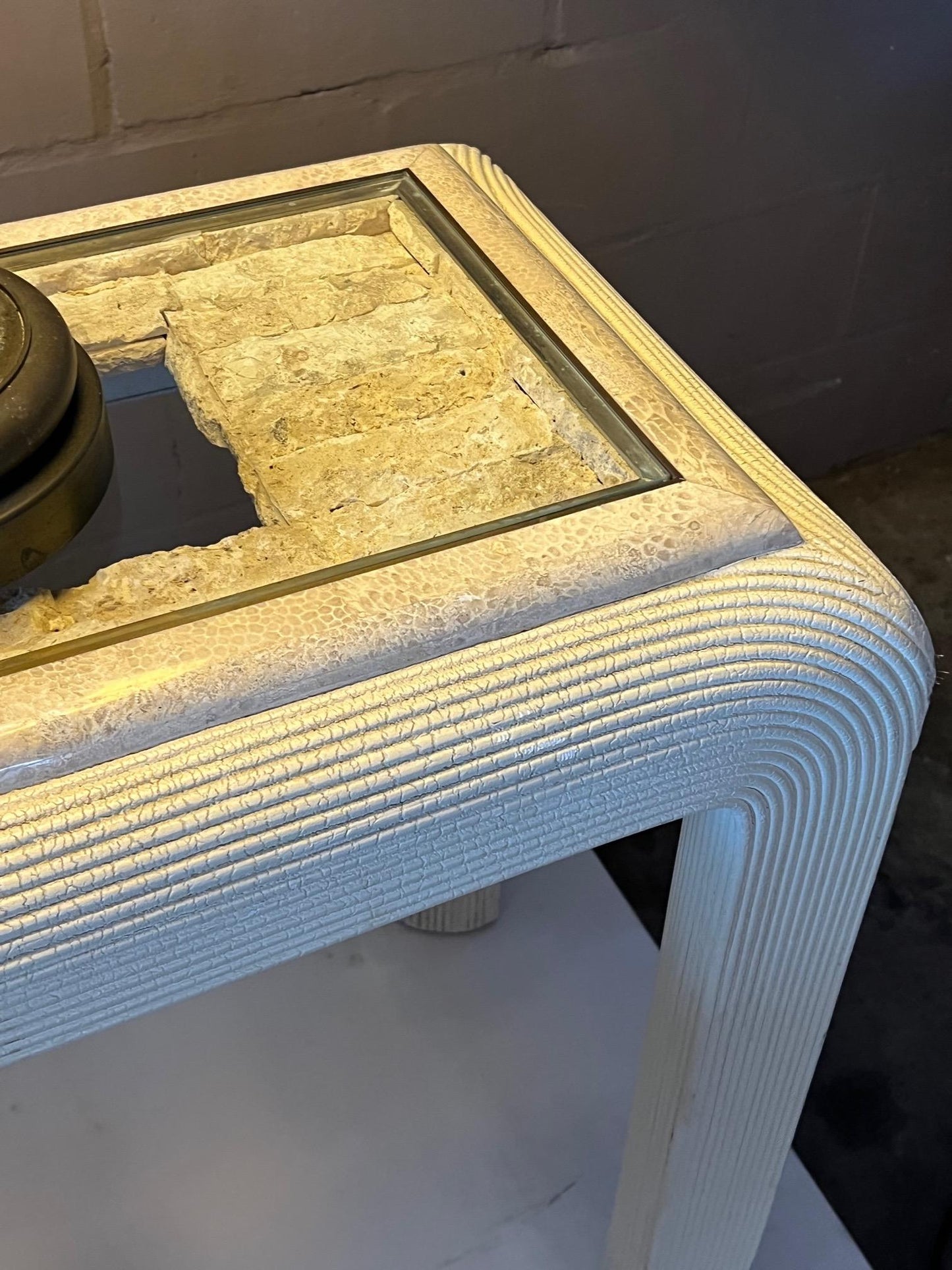 Frisman Vintage Unusual Post Modern Reed Console Table Glass and Stone Top