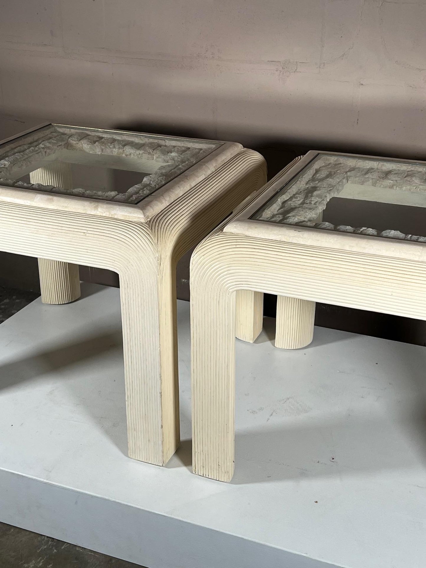 Frisman Vintage Pair of Post Modern Reed Tables Unusual Stone and Brass Tops