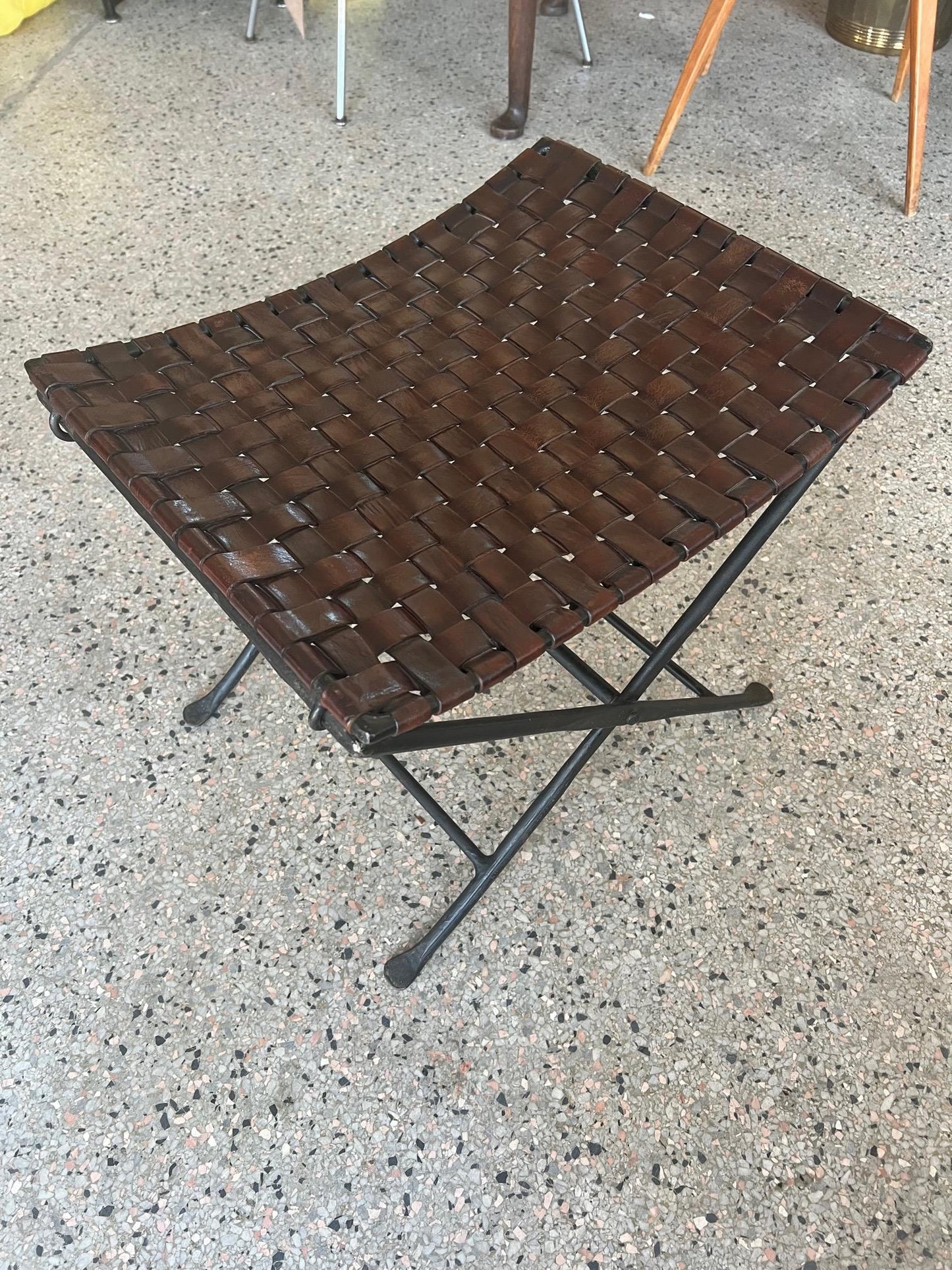 Frisman Vintage William Sheppee Folding Iron and Leather Stool