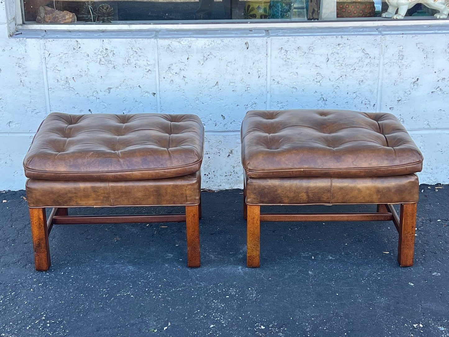 Frisman Vintage A Pair Of Classic Upholstered Stools In Brown Leather Ca' 1970's
