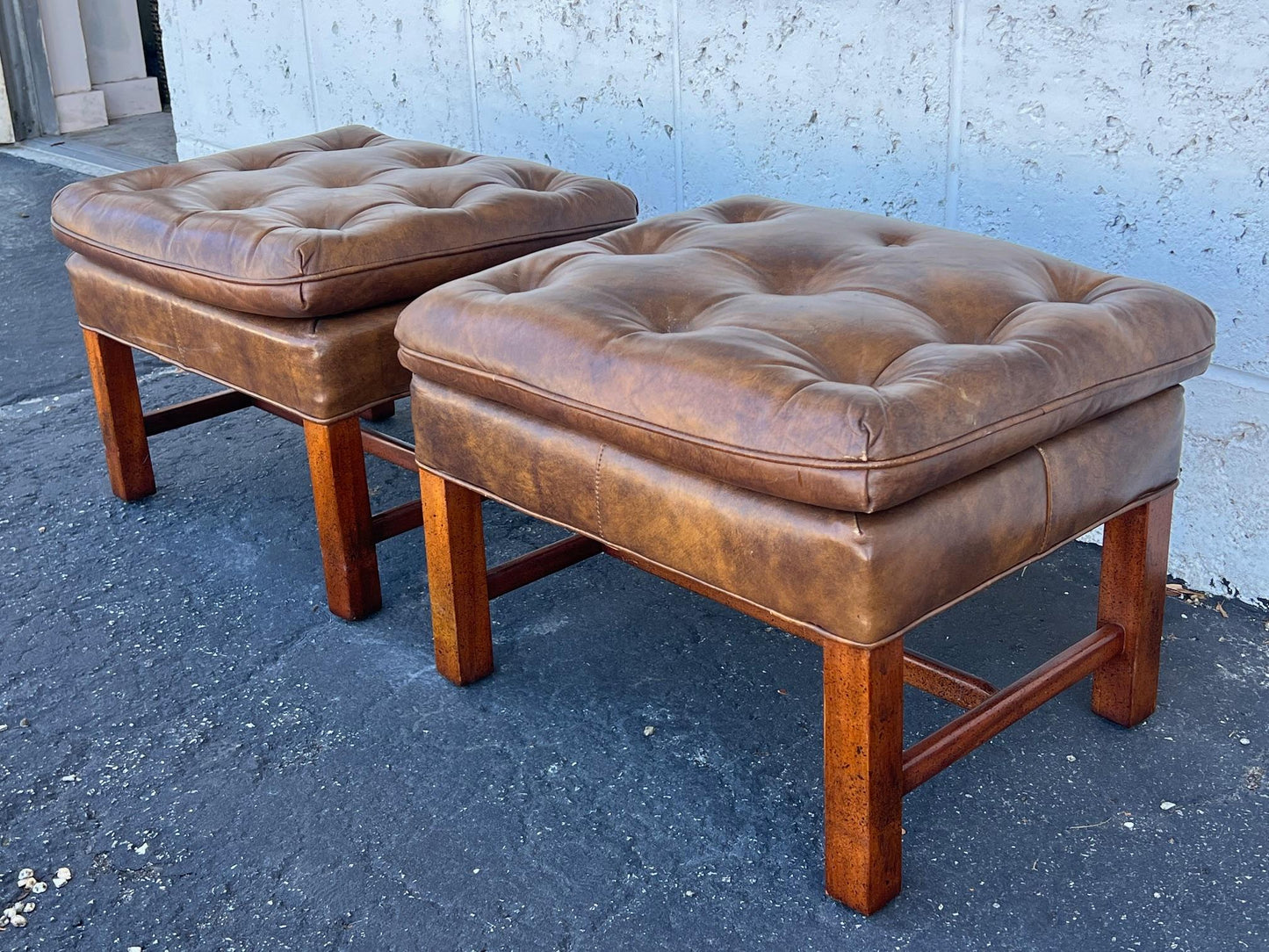 Frisman Vintage A Pair Of Classic Upholstered Stools In Brown Leather Ca' 1970's