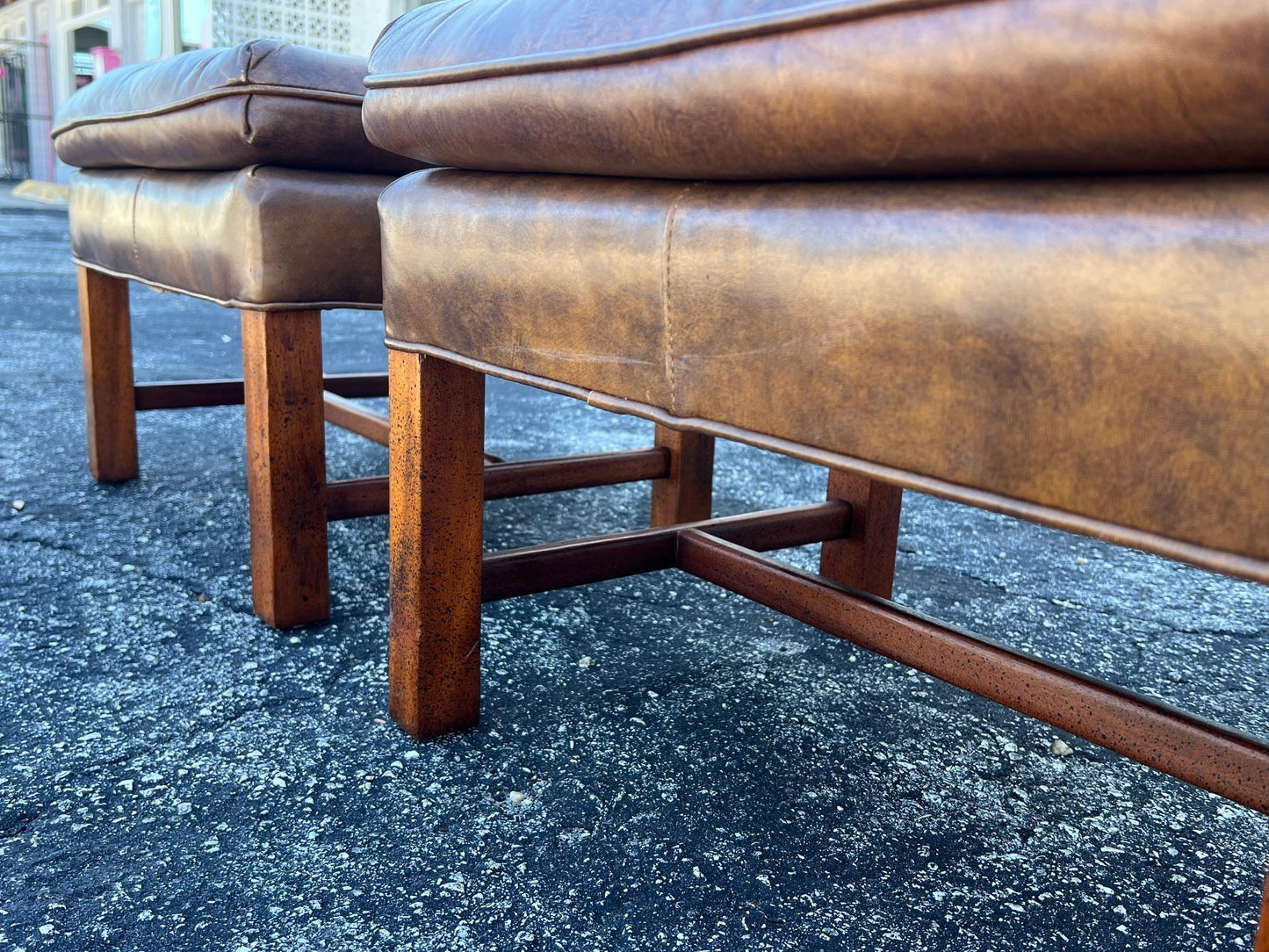 Frisman Vintage A Pair Of Classic Upholstered Stools In Brown Leather Ca' 1970's