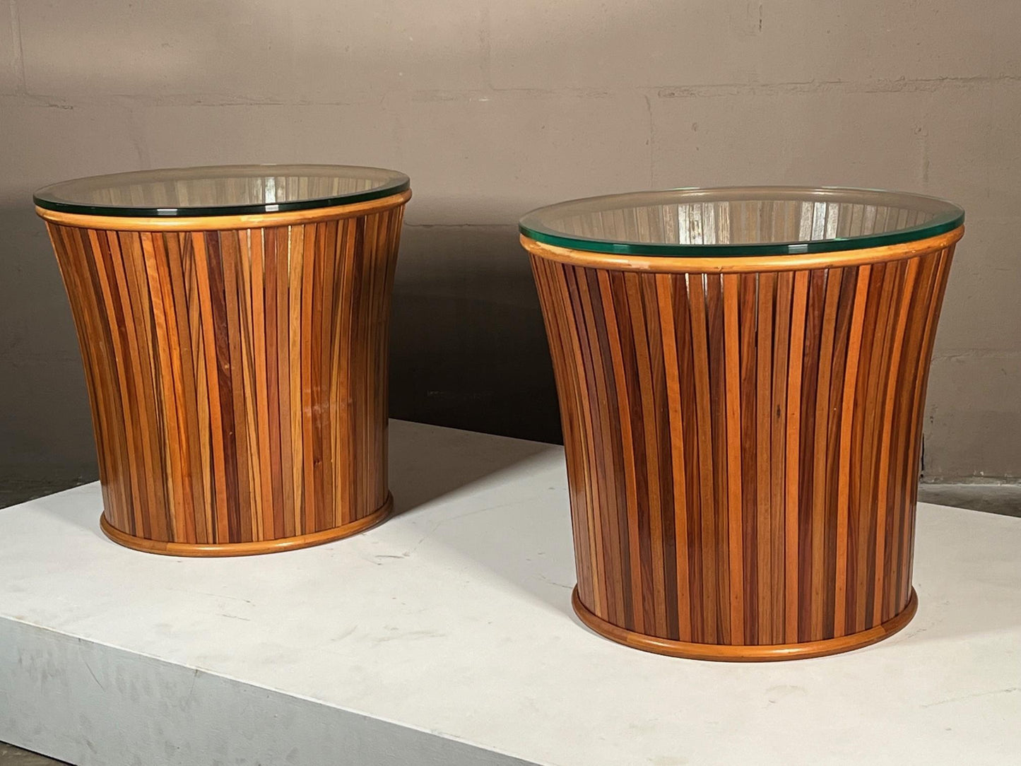 Frisman Vintage Pair of Slatted Side Tables with Glass Tops
