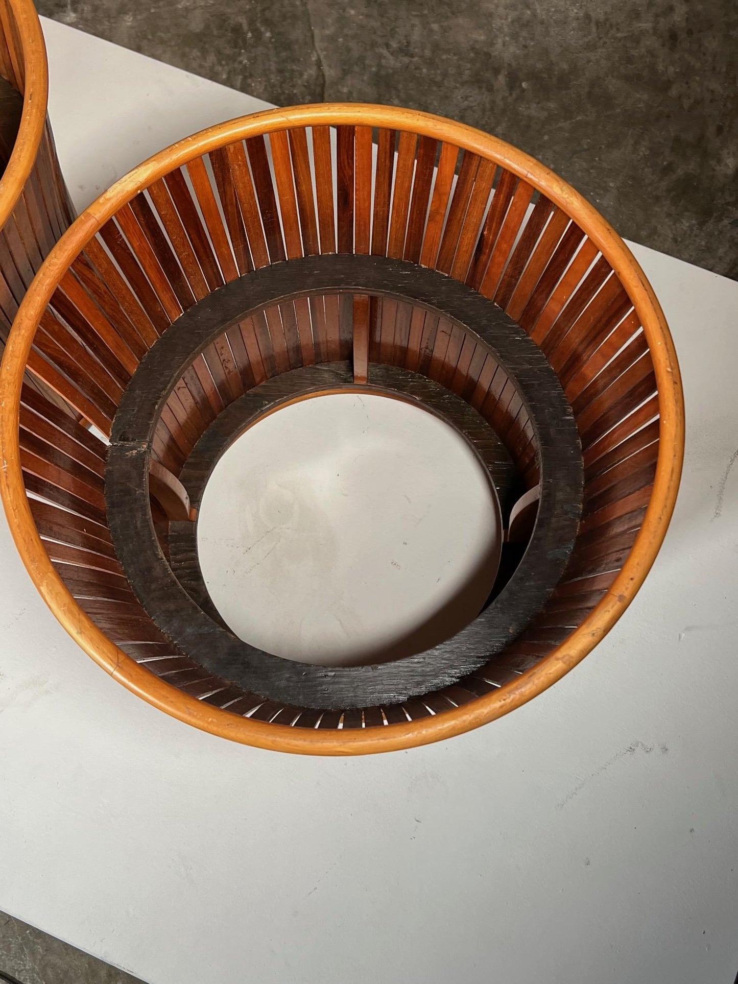 Frisman Vintage Pair of Slatted Side Tables with Glass Tops