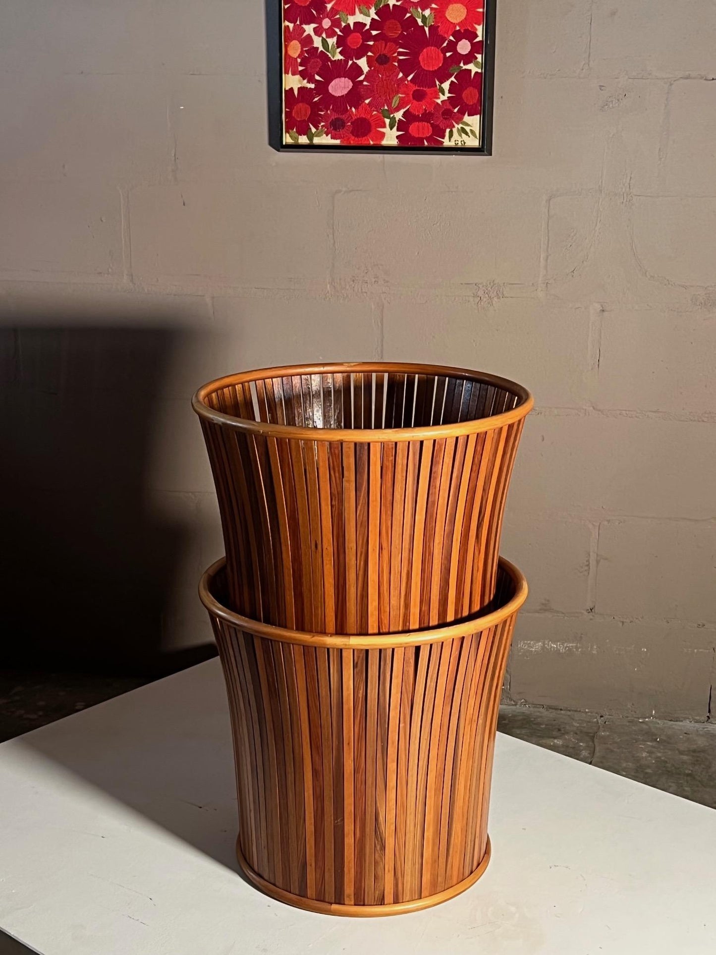 Frisman Vintage Pair of Slatted Side Tables with Glass Tops