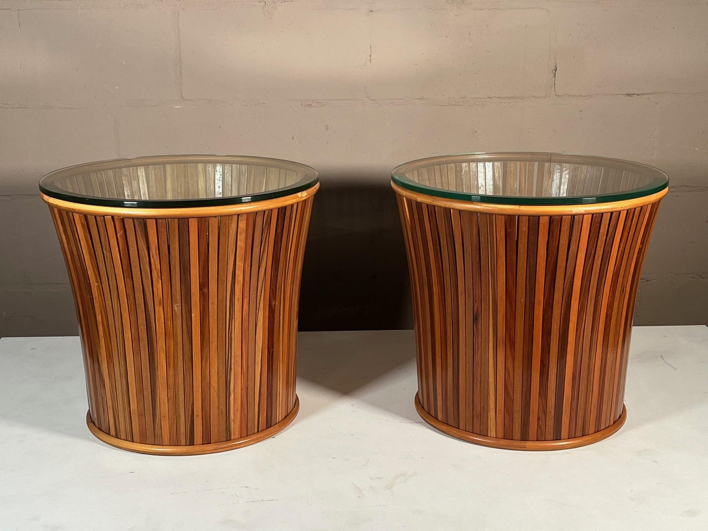 Frisman Vintage Pair of Slatted Side Tables with Glass Tops
