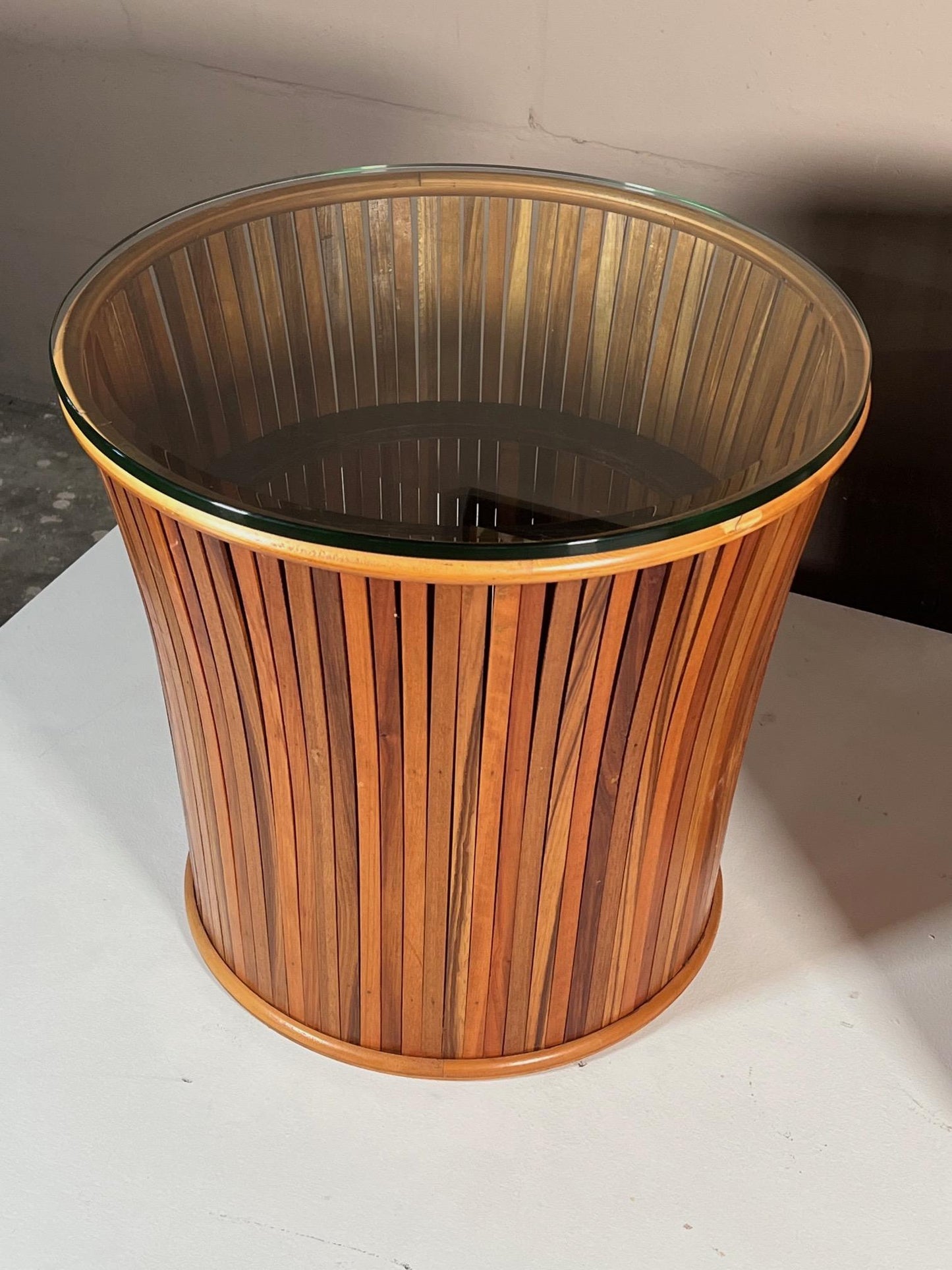 Frisman Vintage Pair of Slatted Side Tables with Glass Tops