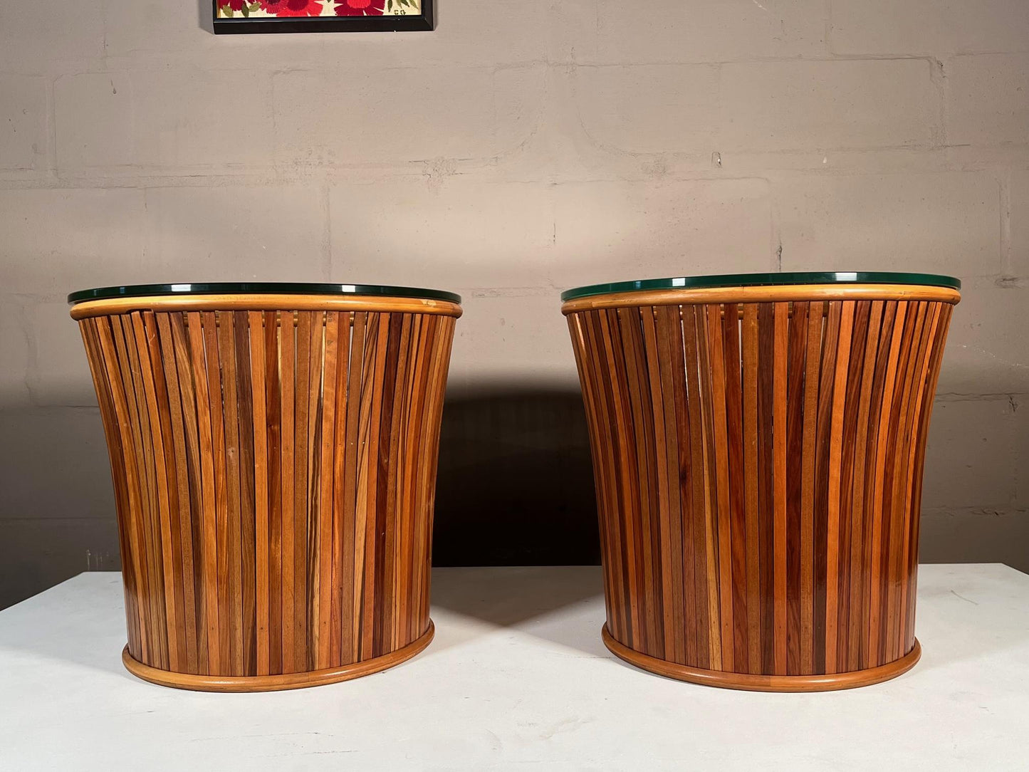 Frisman Vintage Pair of Slatted Side Tables with Glass Tops