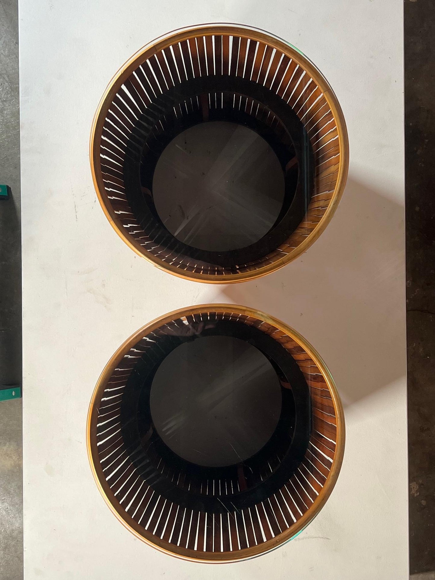 Frisman Vintage Pair of Slatted Side Tables with Glass Tops