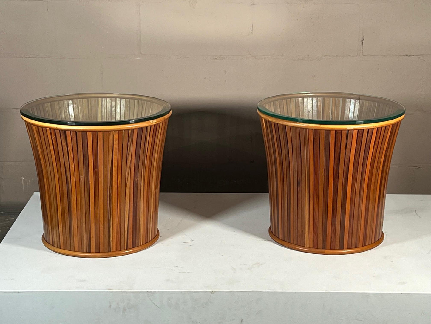 Frisman Vintage Pair of Slatted Side Tables with Glass Tops
