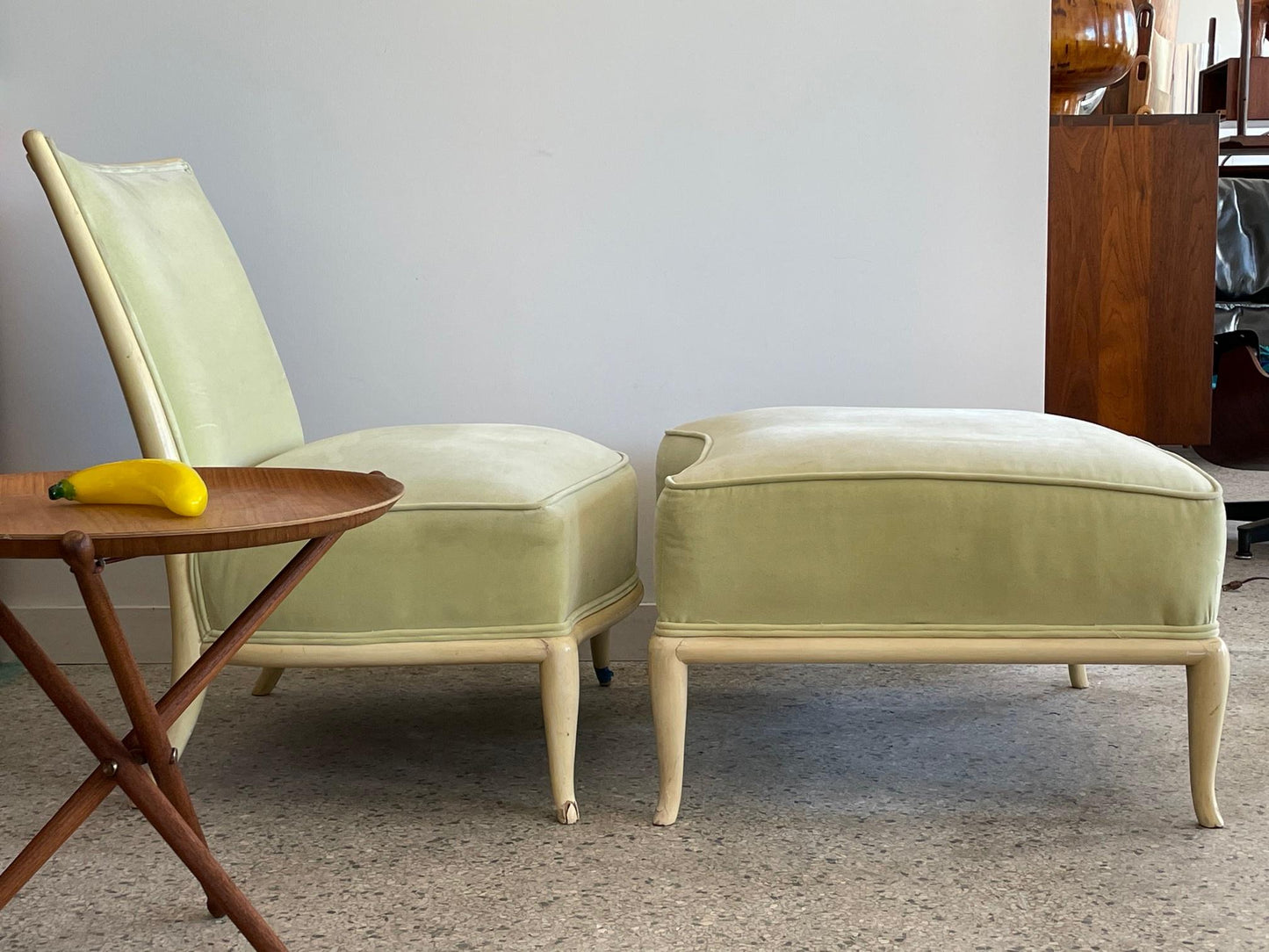 Frisman Vintage Elegant T.H. Robsjohn-Gibbings Slipper Chair with an Ottoman