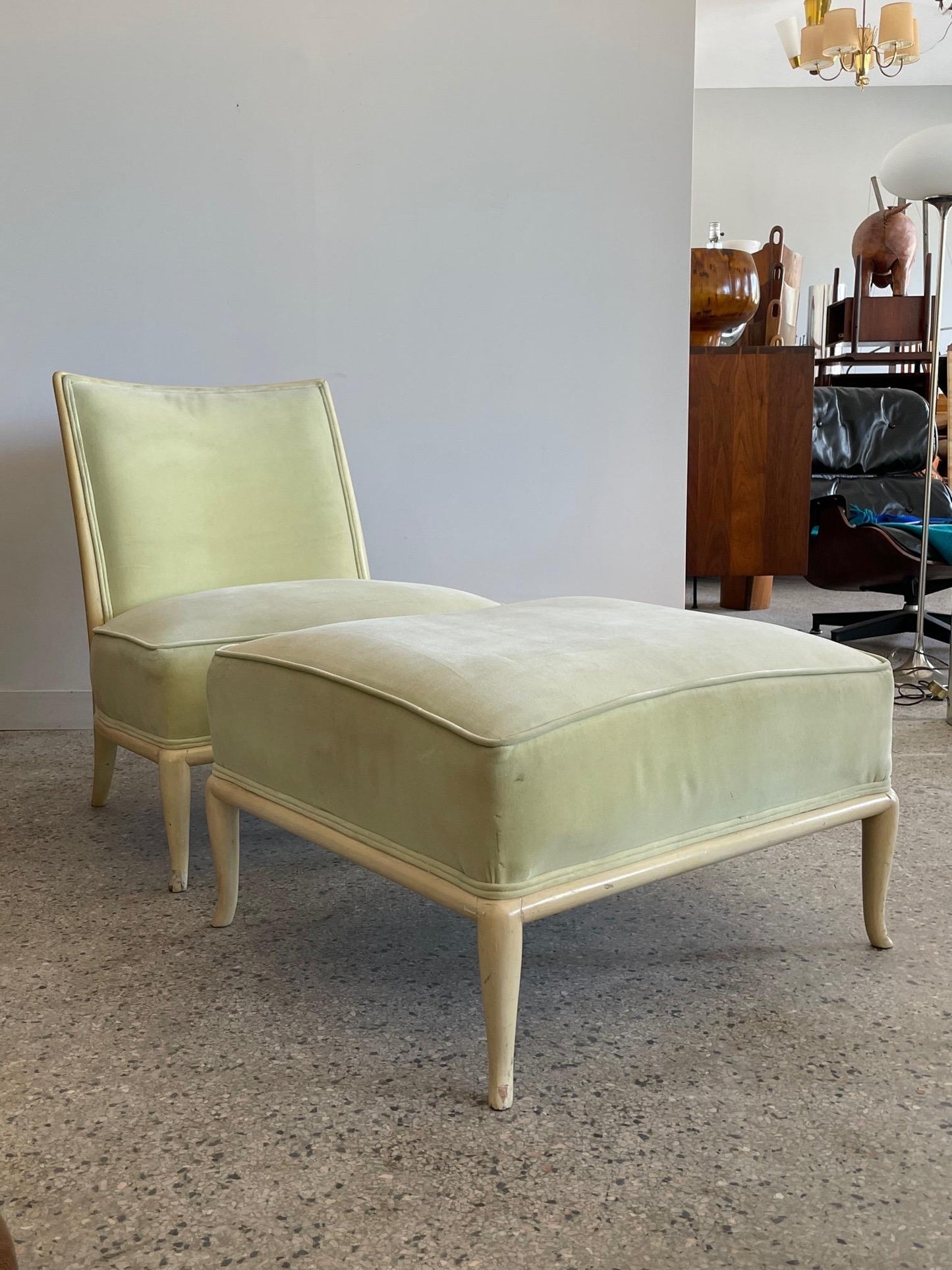 Frisman Vintage Elegant T.H. Robsjohn-Gibbings Slipper Chair with an Ottoman