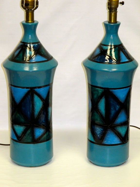 Frisman Vintage A Pair of Large Blue Green Ceramic Lamps from Italy