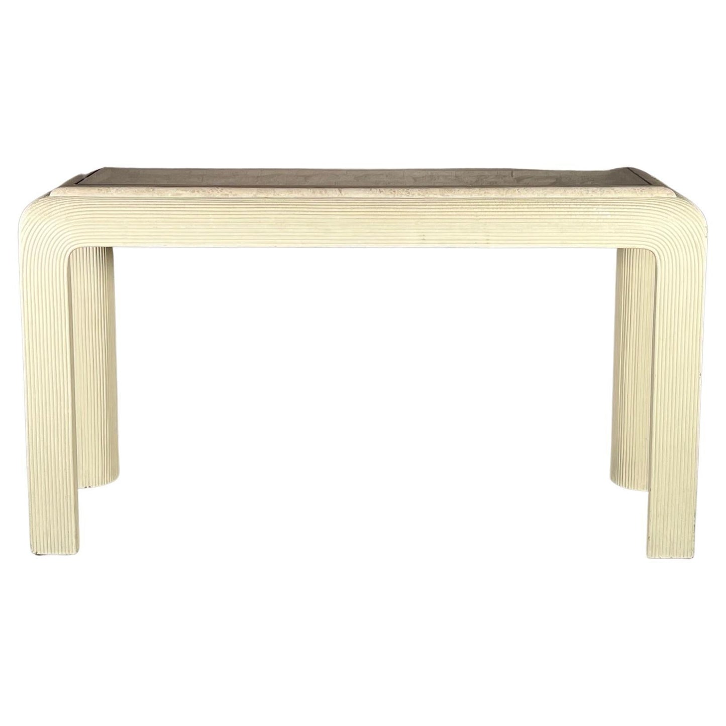 Frisman Vintage Unusual Post Modern Reed Console Table Glass and Stone Top