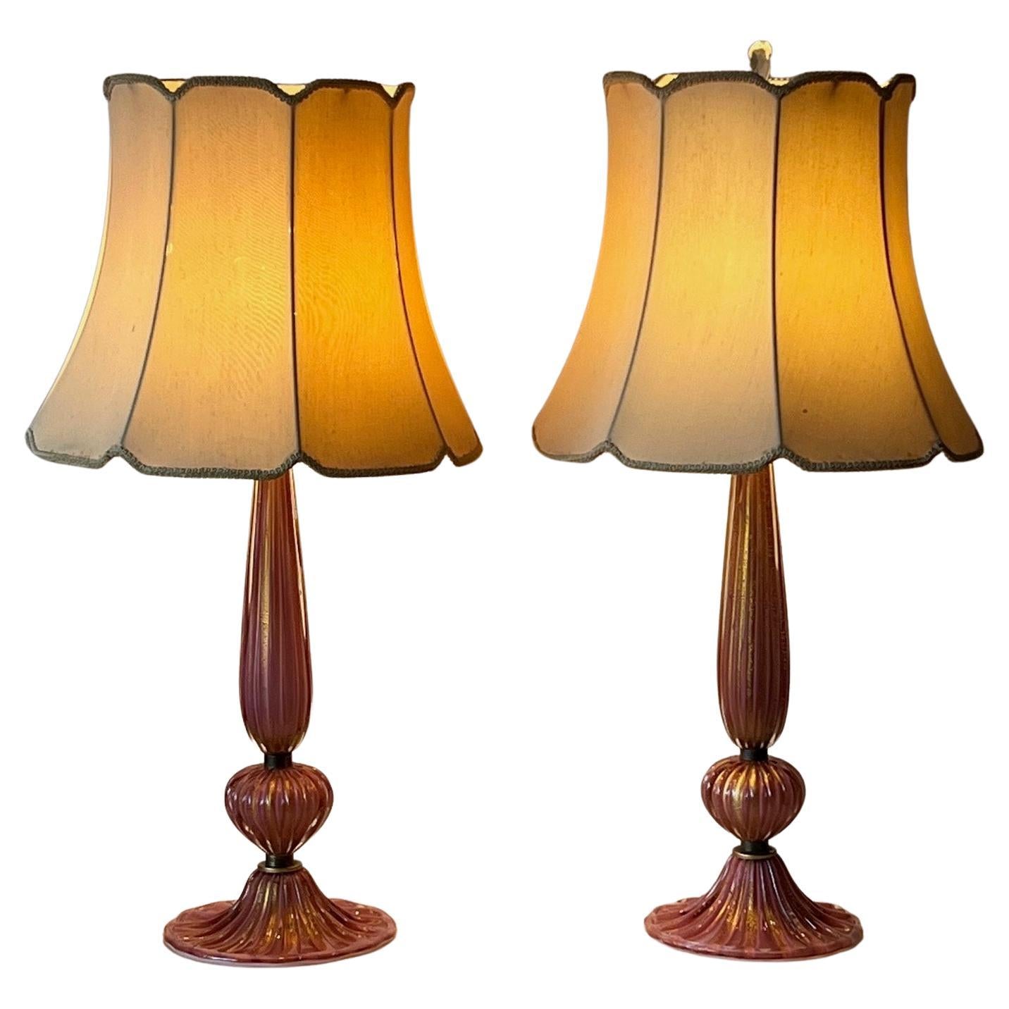 Frisman Vintage Pair of Pink Glass Murano Lamps with Gold Flecks
