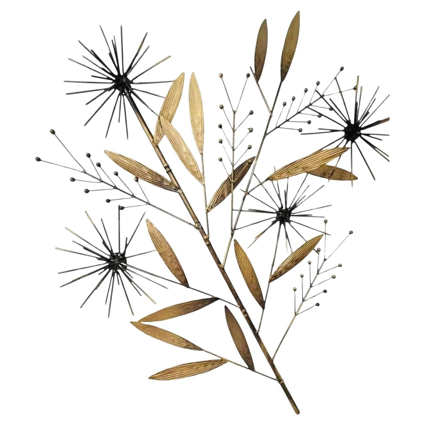Frisman Vintage Mid Century Modern Curtis Jere Style Brass Pom Pom Bamboo Tree Wall Sculpture