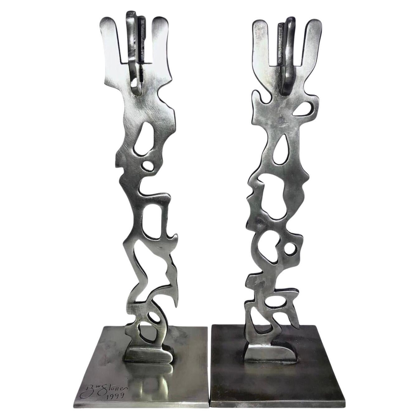 Frisman Vintage Robert Stoller Signed Post Modern Pair Brutalist Abstract Aluminum Candleholders