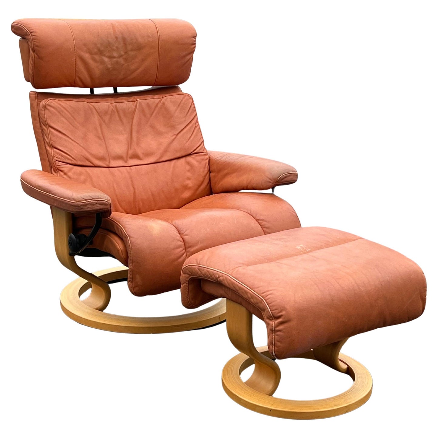 Frisman Vintage Ekornes Stressless Cognac Leather Reclining Swivel Lounge Chair with Ottoman