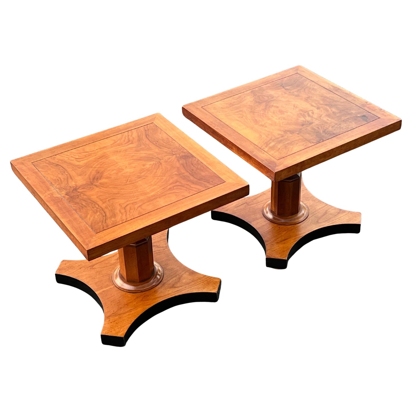 Frisman Vintage Baker Furniture Pair of Pedestal Regency Style Burl Walnut Tables Ca' 1950's