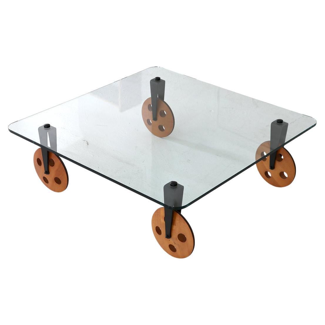 Frisman Vintage Gae Aulenti Postmodern Industrial Coffee Table Wood Wheels Fontana Arte Italy