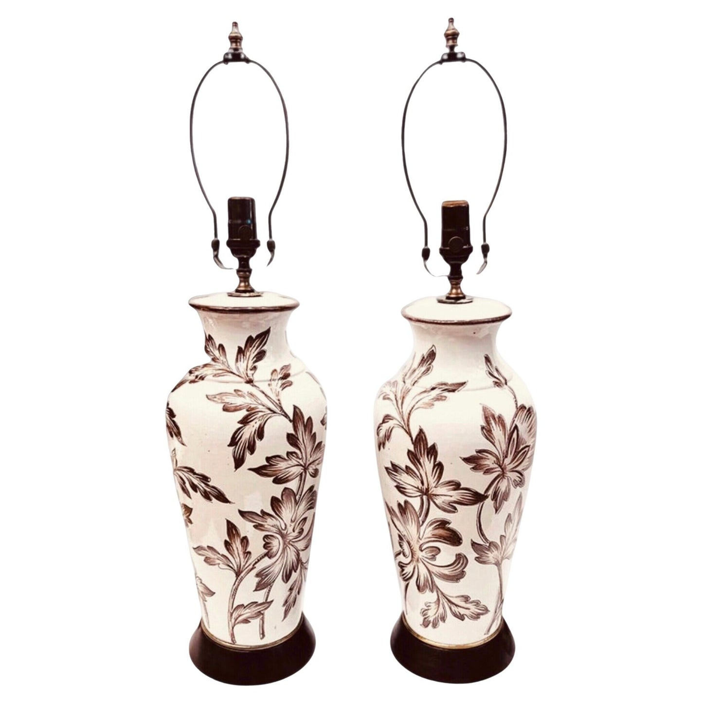 Frisman Vintage Pair Antique English Porcelain Lamps with Hand Painted Victorian Floral Design