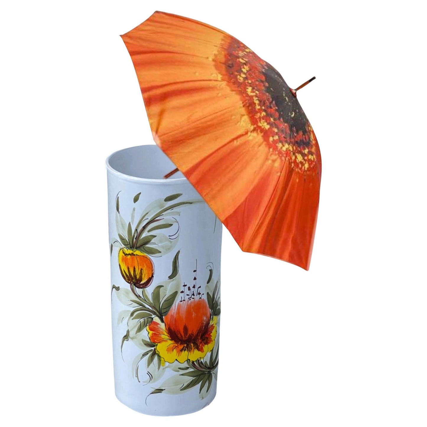 Frisman Vintage 60s MCM Hand Painted Orange Poppy Flower Ceramic Umbrella Stand Holder Italy