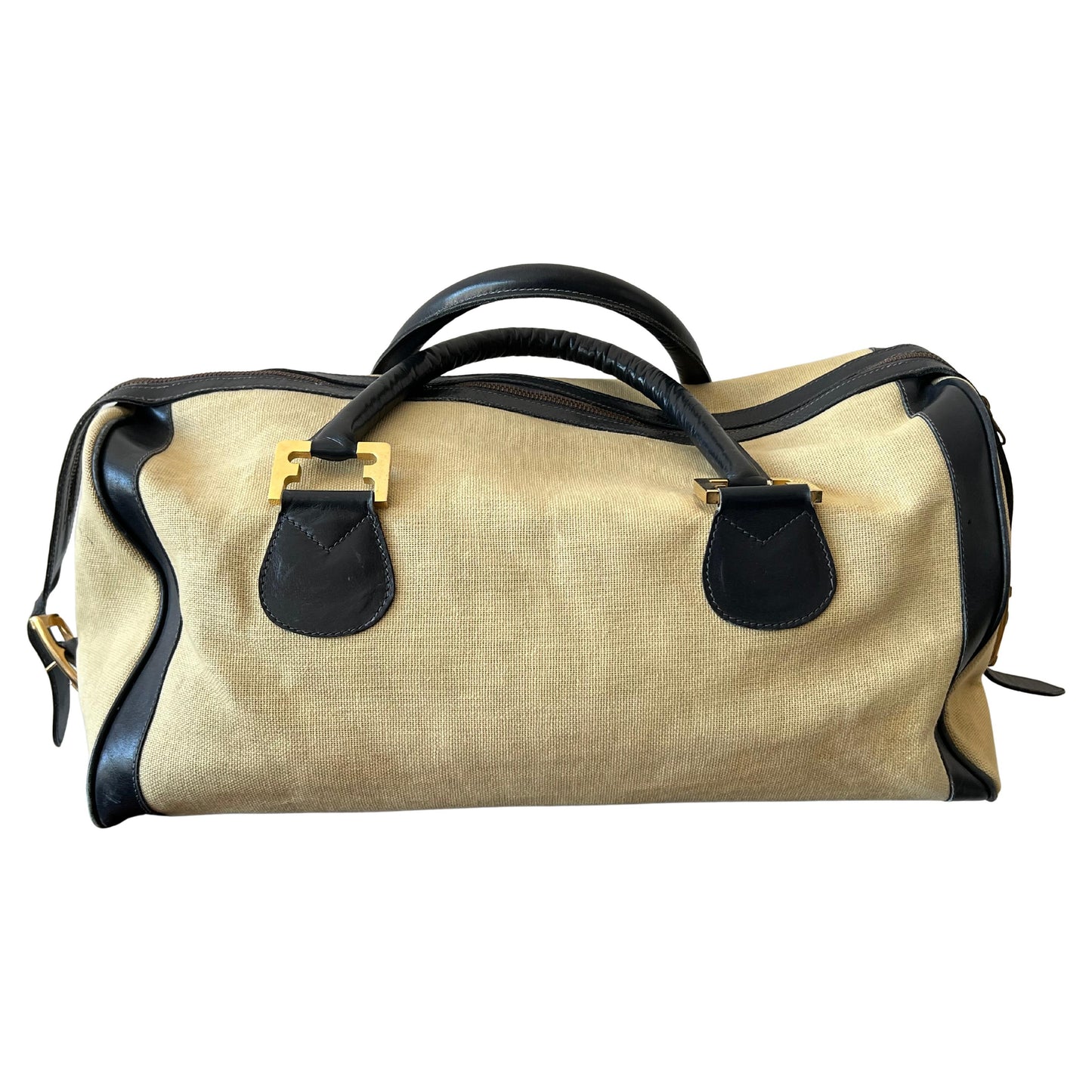 Frisman Vintage Stylish Ferragamo Leather/Canvas Bag With Brass Accents ca' 1980's