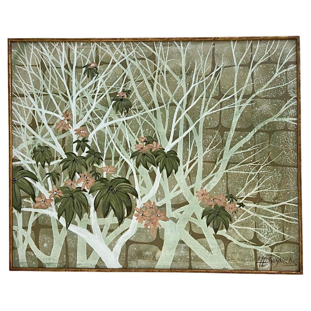 Frisman Vintage Huge Vintage Mid Century Lee Reynolds Asian Oil Painting Faux Gold Bamboo Frame