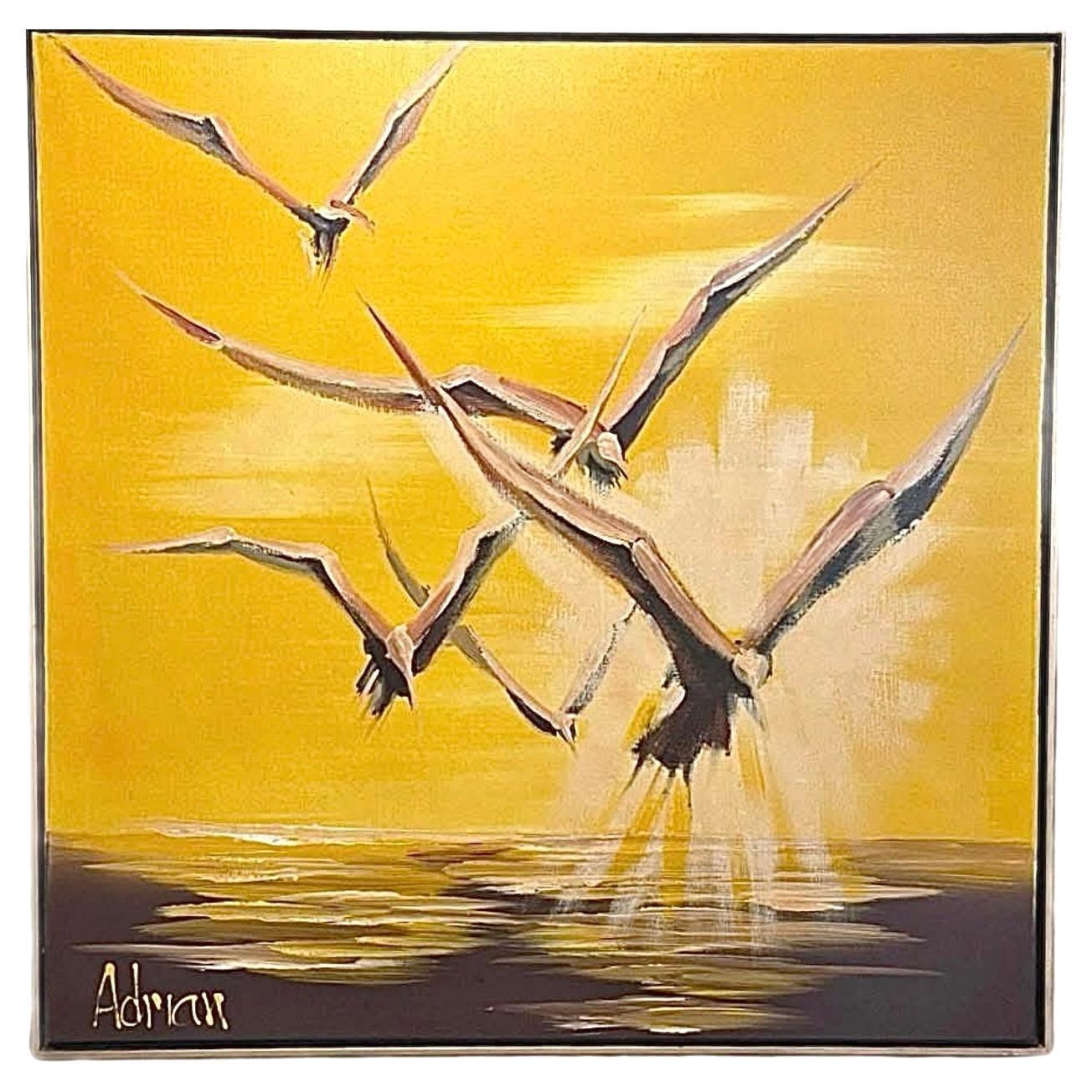 Frisman Vintage Dramatic Mid Century Modern Adrian Nautical Seagull Bird Framed Signed Painting