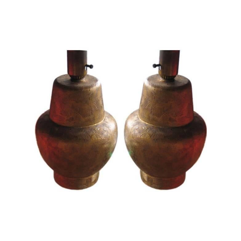 Frisman Vintage Pair of Gilded Wood Lamps by James Mont