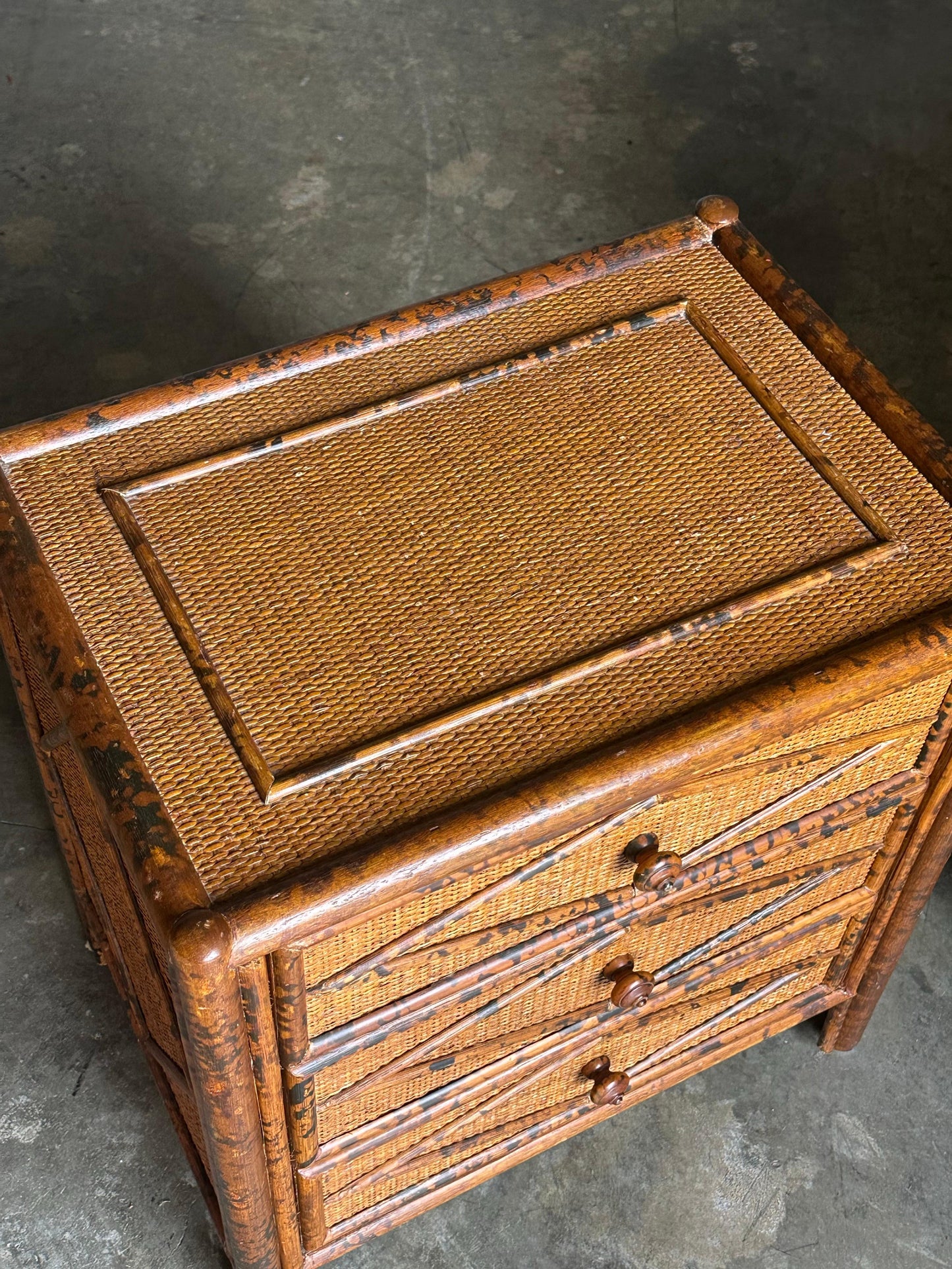 Frisman Vintage 1980s Vintage British Colonial Style Burnt Bamboo and Cane Nightstands- A Pair