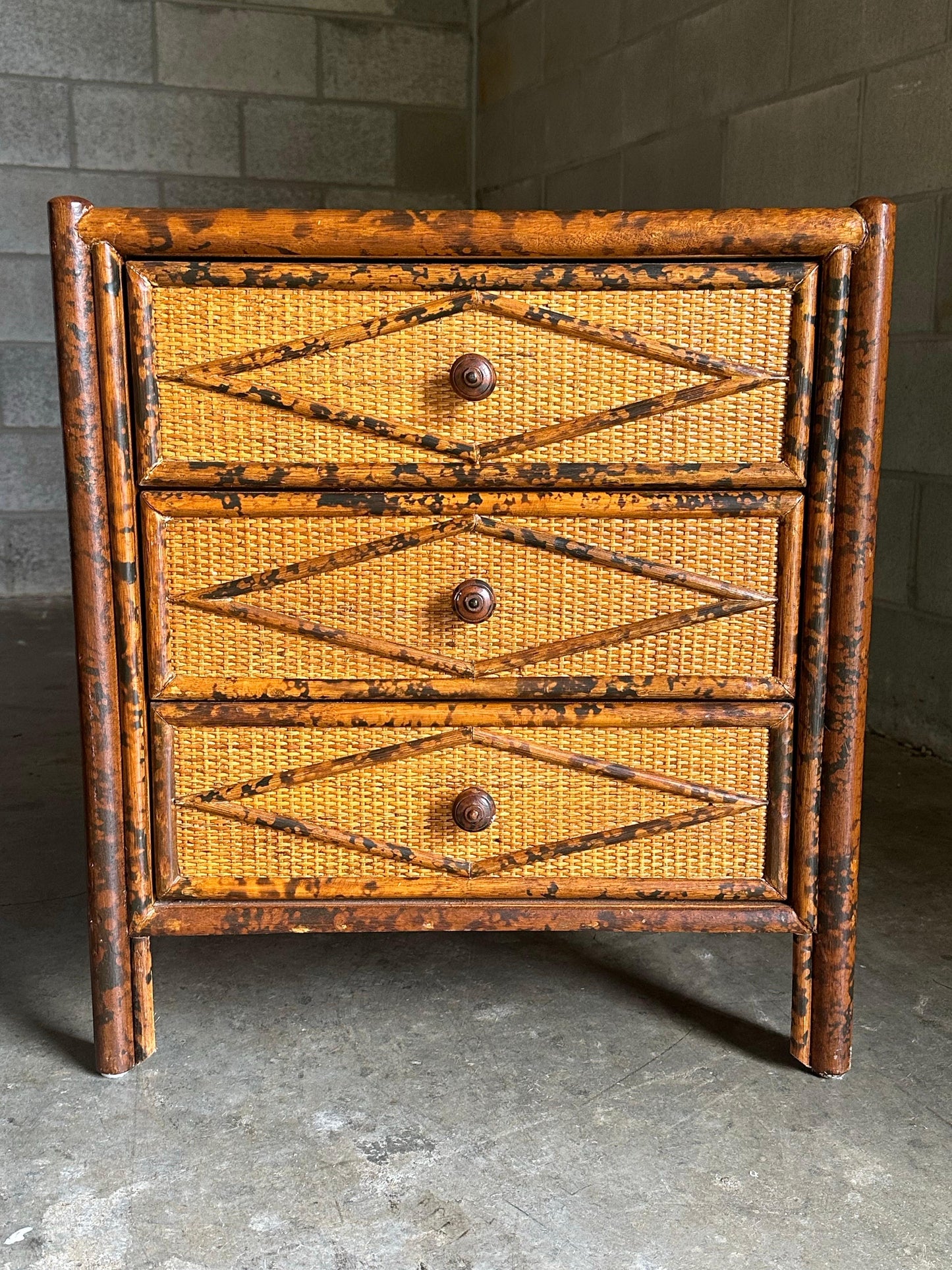 Frisman Vintage 1980s Vintage British Colonial Style Burnt Bamboo and Cane Nightstands- A Pair