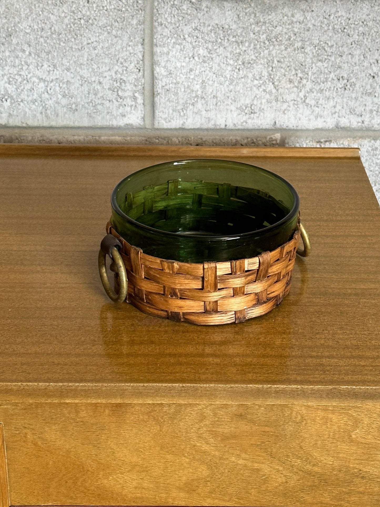 Frisman Vintage Sweden Green Glass and Wicker Large Bowl